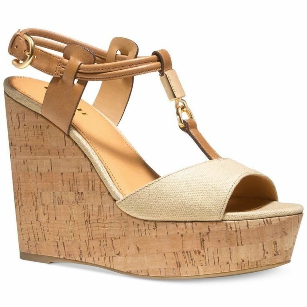 Coach Linden Cork Wedge Sandals Size 8 New With Tags Gold And Cognac Brown